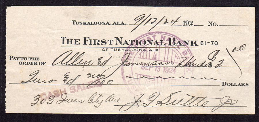 Tuskaloosa, Alabama, First National Bank 09/12/1924 $2.